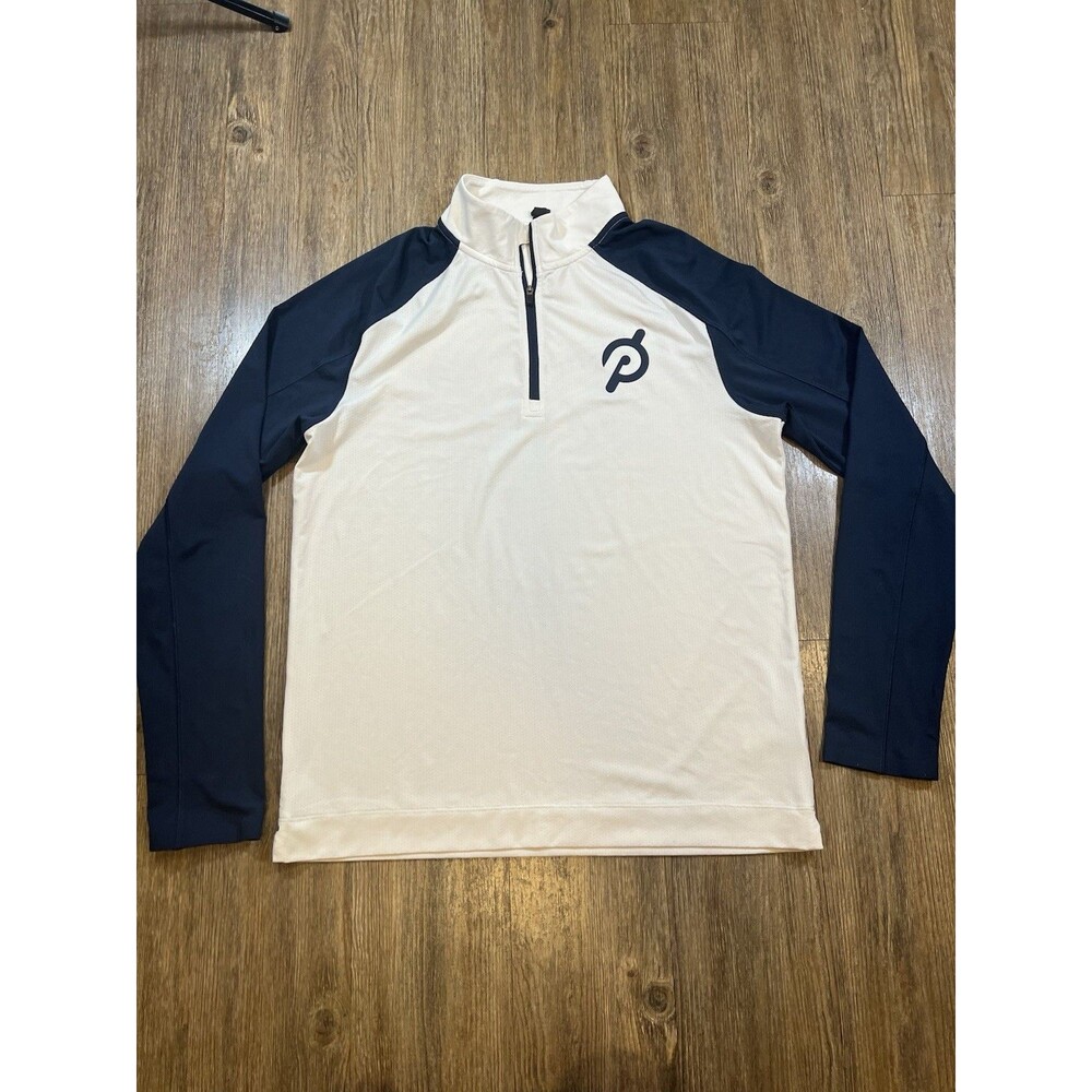 Rhone Peloton Shirt Men's Medium White Blue 1/4 Zip Pullover Active Stretch Logo